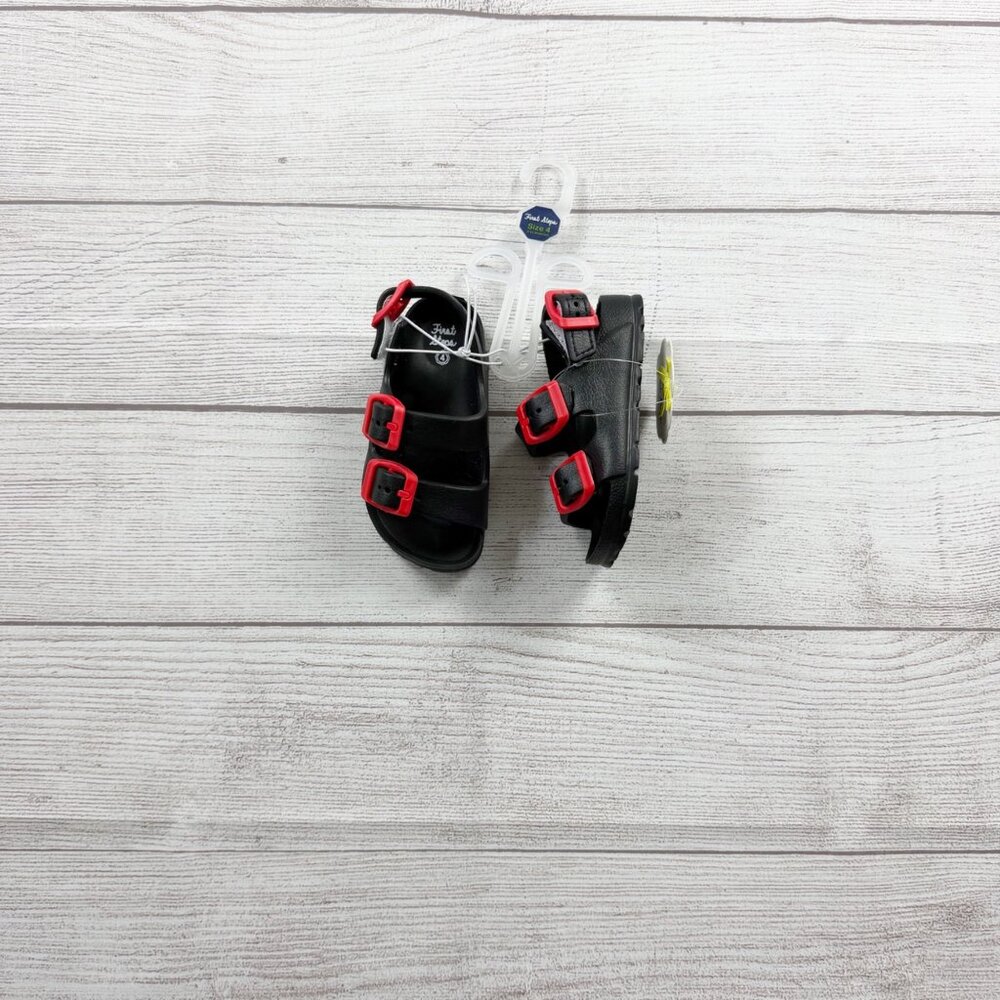 First Steps Toddler Sandals Black Fisherman Sandals Red Buckles NWT 4